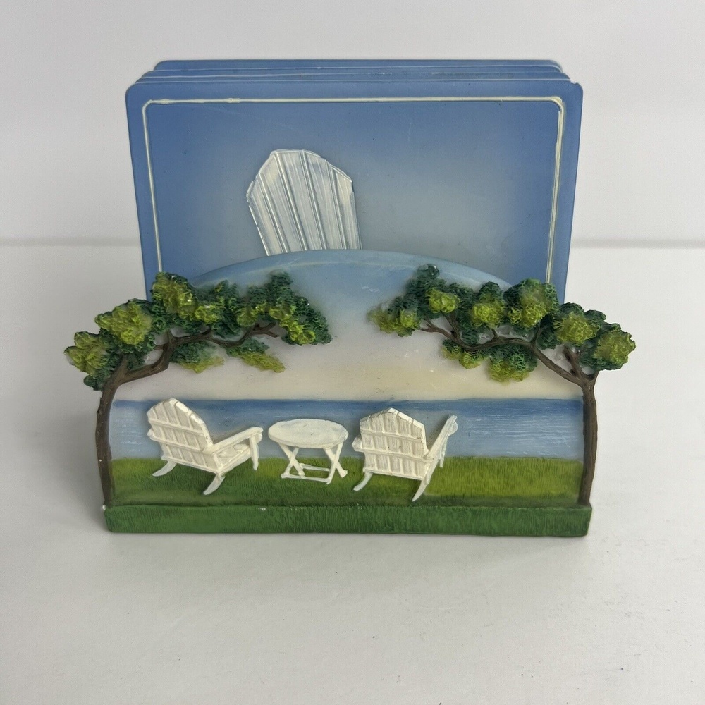 Handpainted Adirondack Chairs Ceramic Coaster Set with Holder Blue White